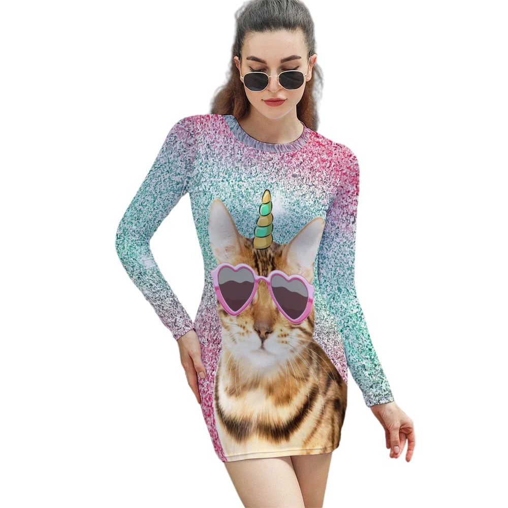 Женское плиссированное платье в горошек, облегающая юбка с длинным рукавом и 3D-принтом счастливого кота, новинка 2021