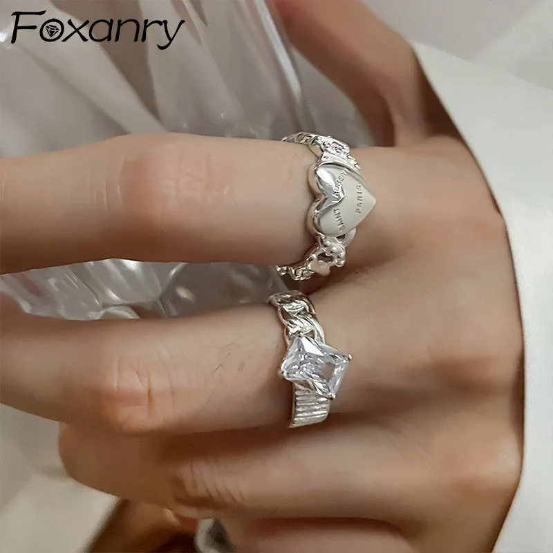

FOXANRY 925 Sterling Silver Rings for Women Trendy Elegant Vintage Asymmetric Design Sparkling Geometric Zircon Party Jewelry