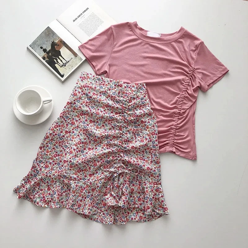 

Модная облегающая плиссированная футболка, Женский трикотажный костюм, летняя офисная Повседневная Мягкая юбка-трапеция с разбитыми цвета...