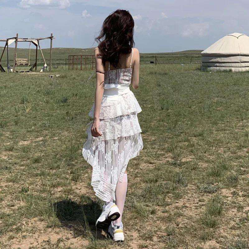 

SHENGPALAE sexy white lace caims dress women's summer 2021 new V-neck waist perspective thin sleeveless irregular dresses 5E1888