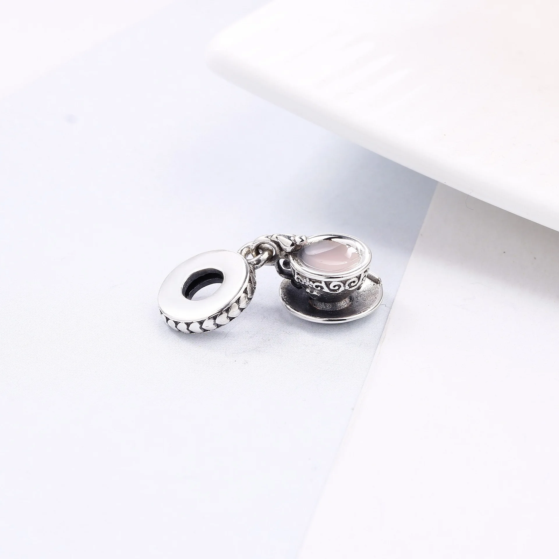 

Genuine 925 Sterling Silver Charm Pink Enamel Lacework Enchanted Tea Cup Pendant Beads Fit pan Bracelet & Necklace Jewelry