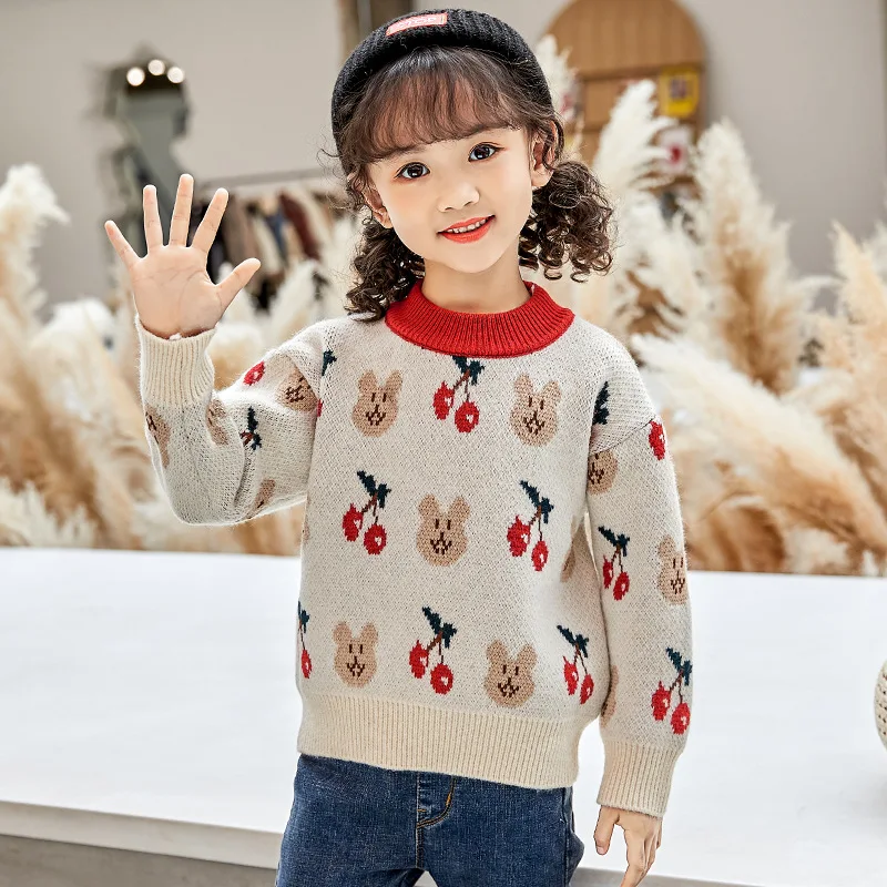 

Cheery Pullover Knitting Kids Sweaters Spring Winter Baby Girls Warm Tops Thicken Bottoming Children Clothes High Quality