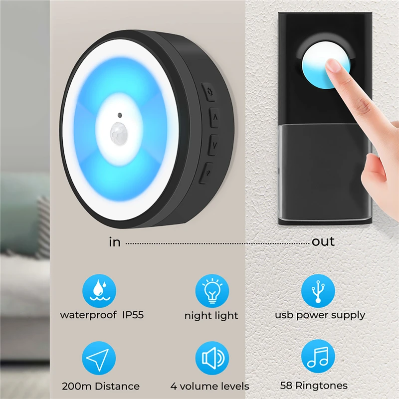 USB Powered IP55 Waterproof Wireless Smart Doorbell Door Bell Ring Chime Call 433MHZ LED Night Light Home Plug-Free For Home