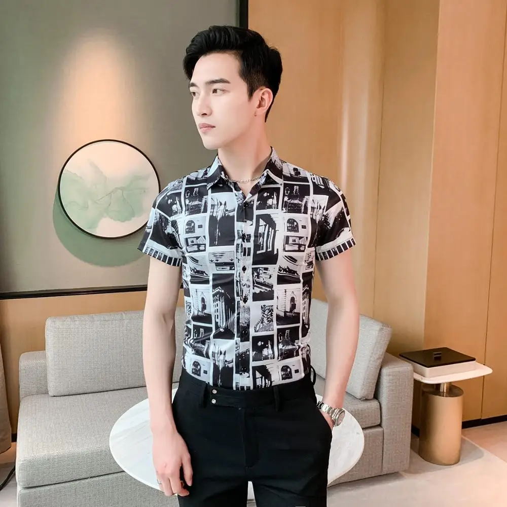 Летняя деловая рубашка с цифровым принтом мужская мода 2020 Корейская приталенная