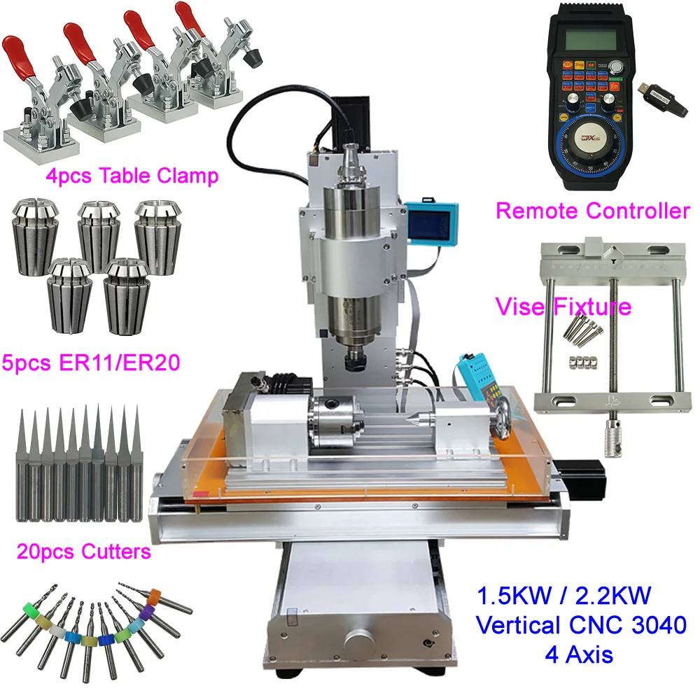 

4 Axis Column CNC Engraving Milling Machine 3040 1.5KW 2.2KW Vertical CNC Router with MACH3 Remote Controller Fixture Vise