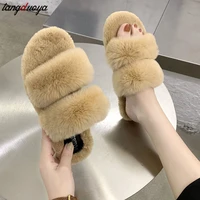 real rabbit slippers women furry slippers ladies shoes plush fluffy womens fur slippers winter warm slippers with fur for home