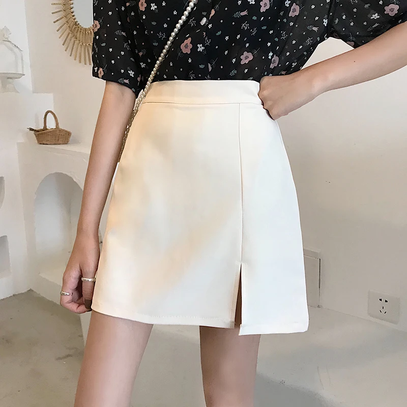 Юбка женская трапециевидная однотонная с высокой талией и разрезом | Женская