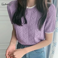 2021 summer short sleeve heart knitted hollow sweaters t shirt casual women short sleeve o neck elegant ladies pullovers sweater