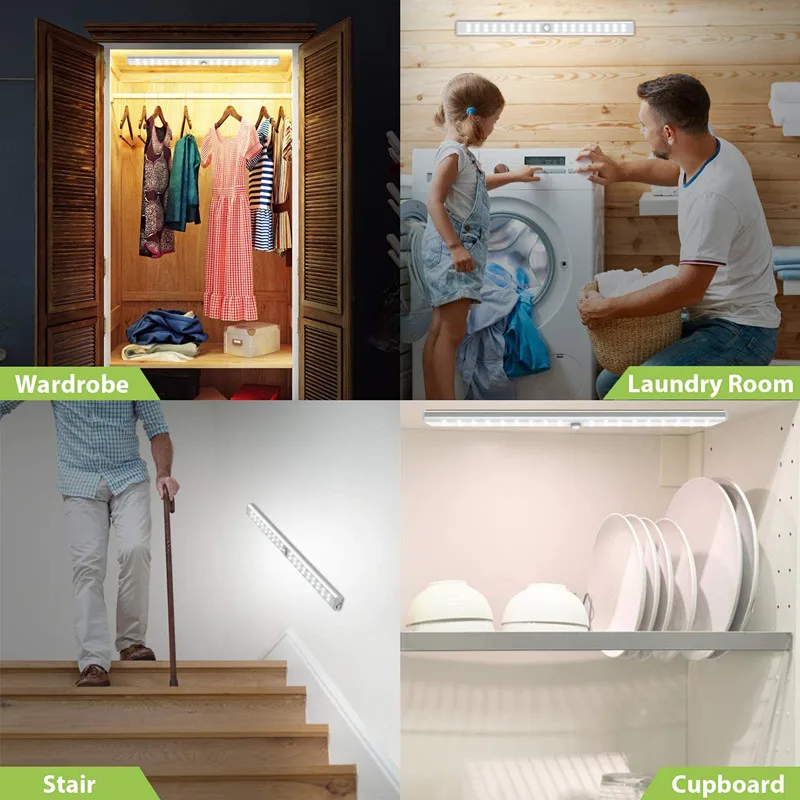 

24 40 60 LED Closet Light USB Rechargeable Under Cabinet Lightening Stick-on Motion Sensor Wardrobe Light with Magnetic Strip