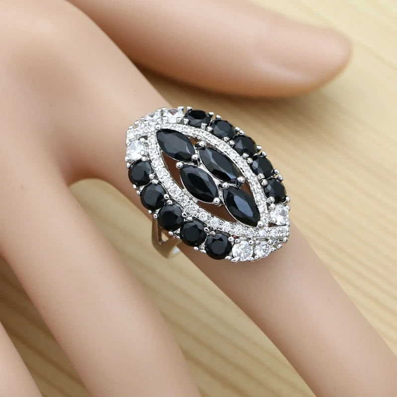 Женские Ювелирные наборы с черными камнями серьги/кулон/ожерелье/кольцо белым