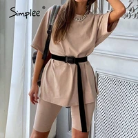 simplee casual solid outfits womens two piece suit with belt home loose sports tracksuits fashion bicycle summer hot suit 2020