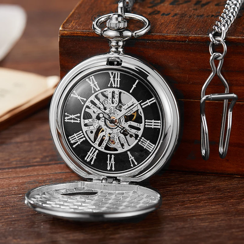 Gold Mechanical Pocket Watch Hollow Steampunk Train Engraved Hand Winding Watch Skeleton Fob Chain Necklace Pendant Clock