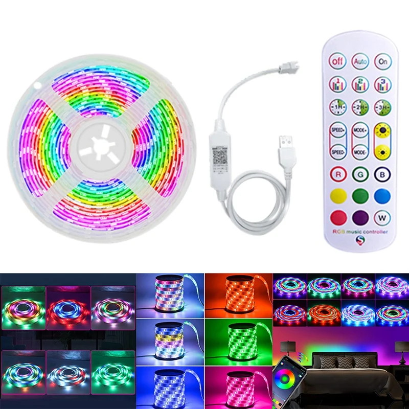 

Светодиодная лента с дистанционным управлением, встроенный микрофон, Bluetooth, управление через приложение, 5050 RGB светодиодные лампы для спаль...