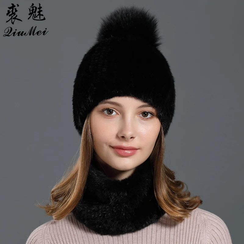 Women Fur Set Hat and Scarf Real Mink Fur One Size Elastic Beanie Female Girlfriend Gift Knitted Genuine Mink Fur Headband Hats