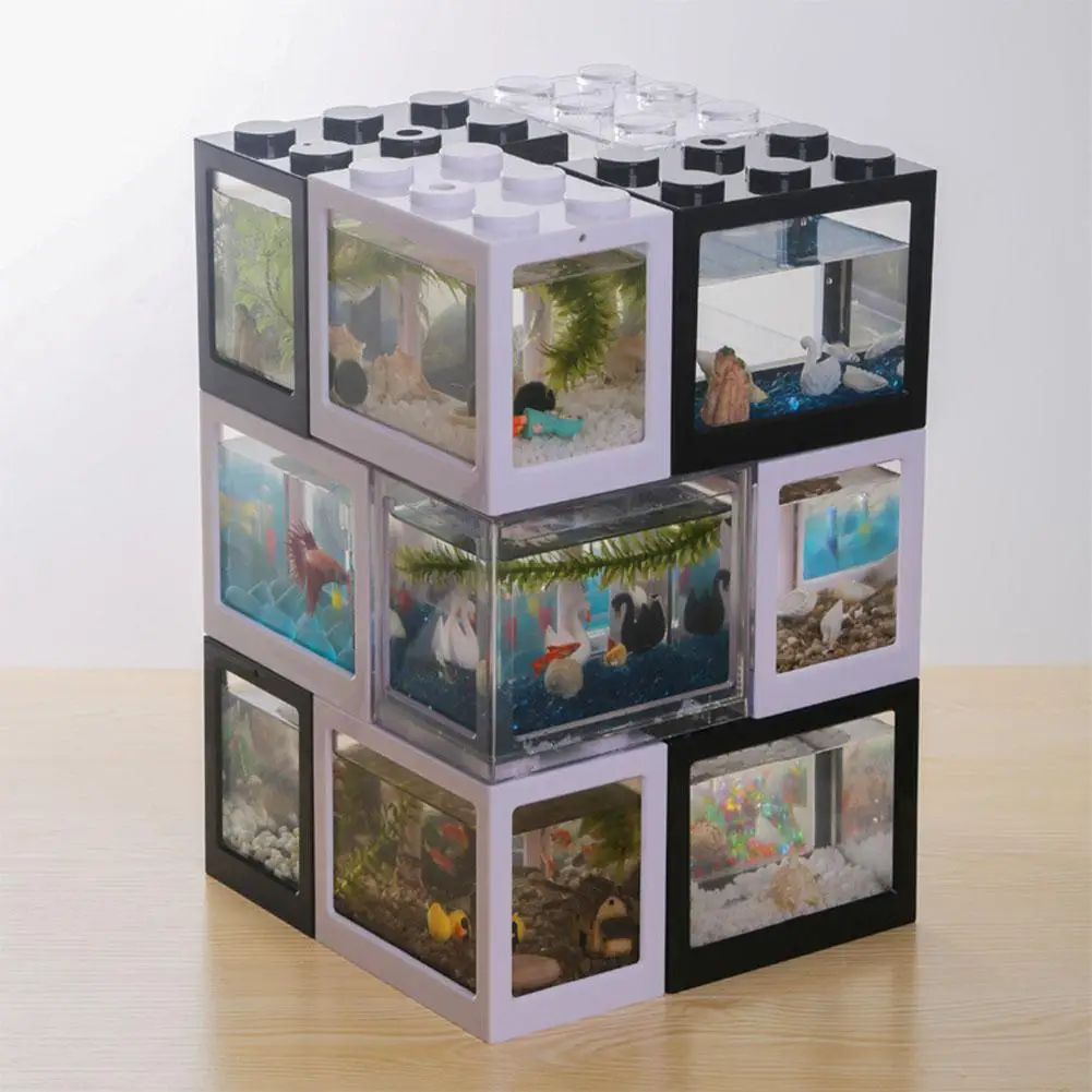

Creative Mini Aquarium Fish Tank Small Reptile Pet Box Multicolor Stackable Building Blocks Ecological landscape seawe