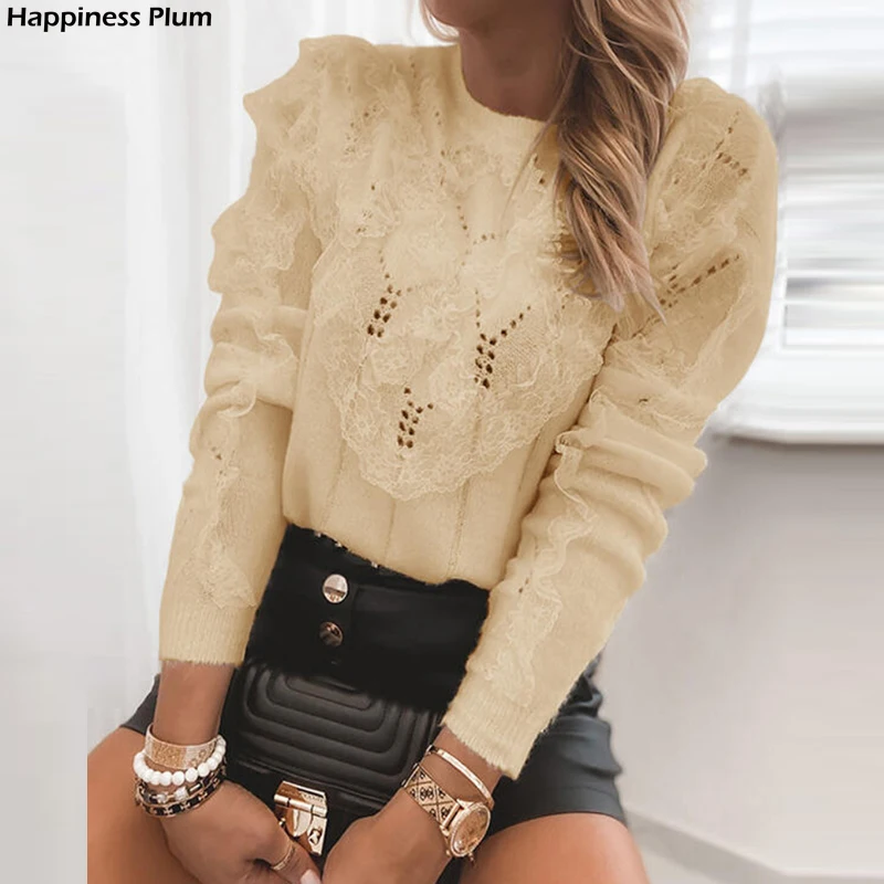 

Women Fashion Casual O-Neck Long Sleeve Pullover Tops Autumn New Lady Elegant Lace Hollow Out Design Sweater Solid Color Jumpers