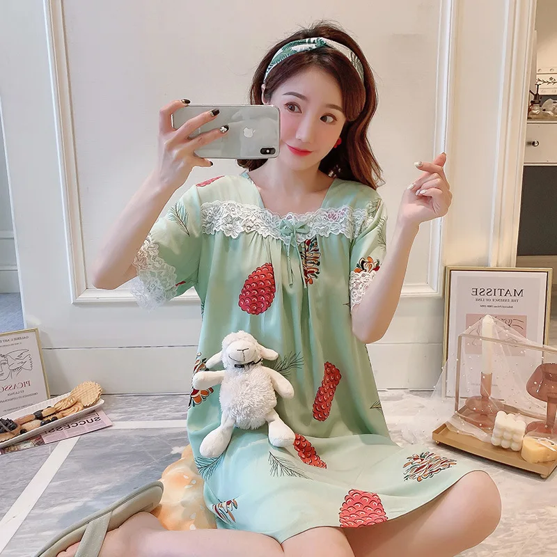 

Ladies Square Collar Faux Silk Nightgown Summer New Short Sleeve Nightdress Lounge Print Nightwear Lace Bow Trim Sleepwear M-XXL
