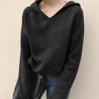 spring and autumn new solid hooded sweater womens v neck loose knit pullover casual hooded sweaters for women 2020 black tops