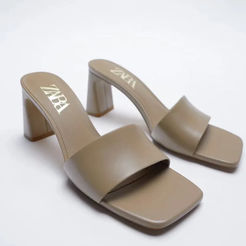 

open toe back air sandals new square head one line with open heel green thick heel high heels wear Muller shoes