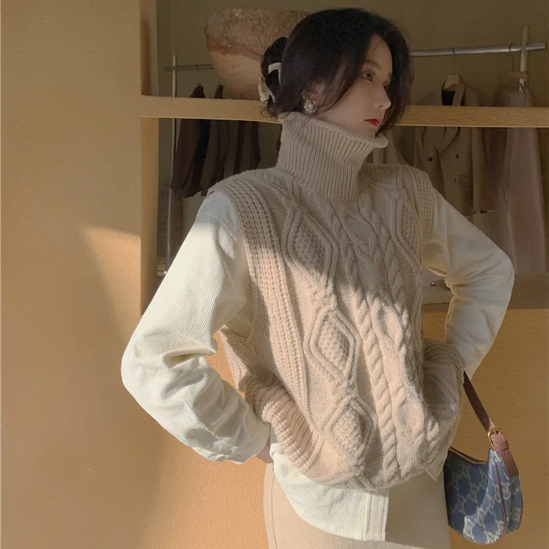 

Women's Matching Sets Solid Turtleneck Knitting Vest Corduroy Long Sleeve Shirts Mid-Calf A-Line Skirt 3 Piece Set Autumn Winter