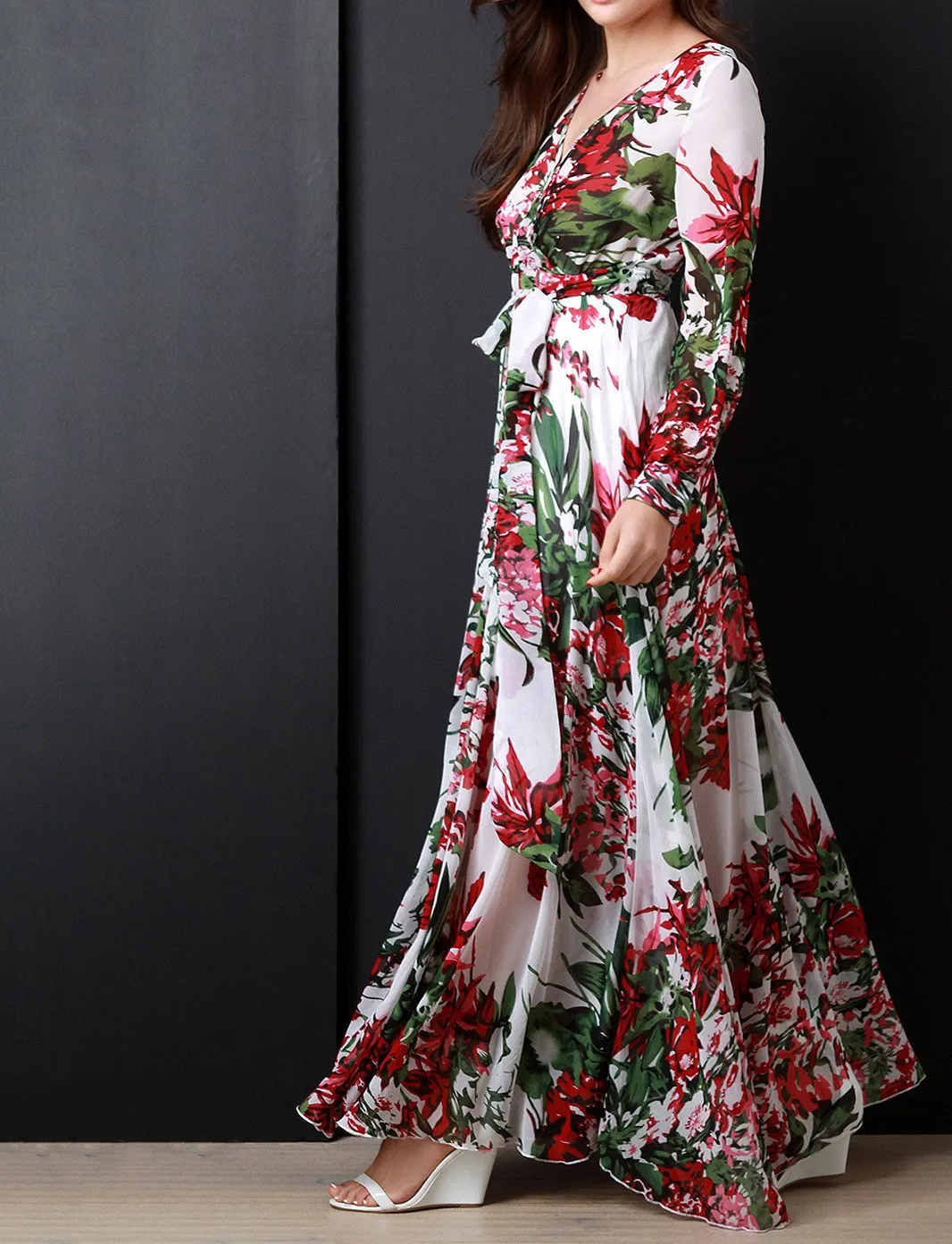 Женское Плиссированное шифоновое платье с длинным рукавом и цветочным принтом
