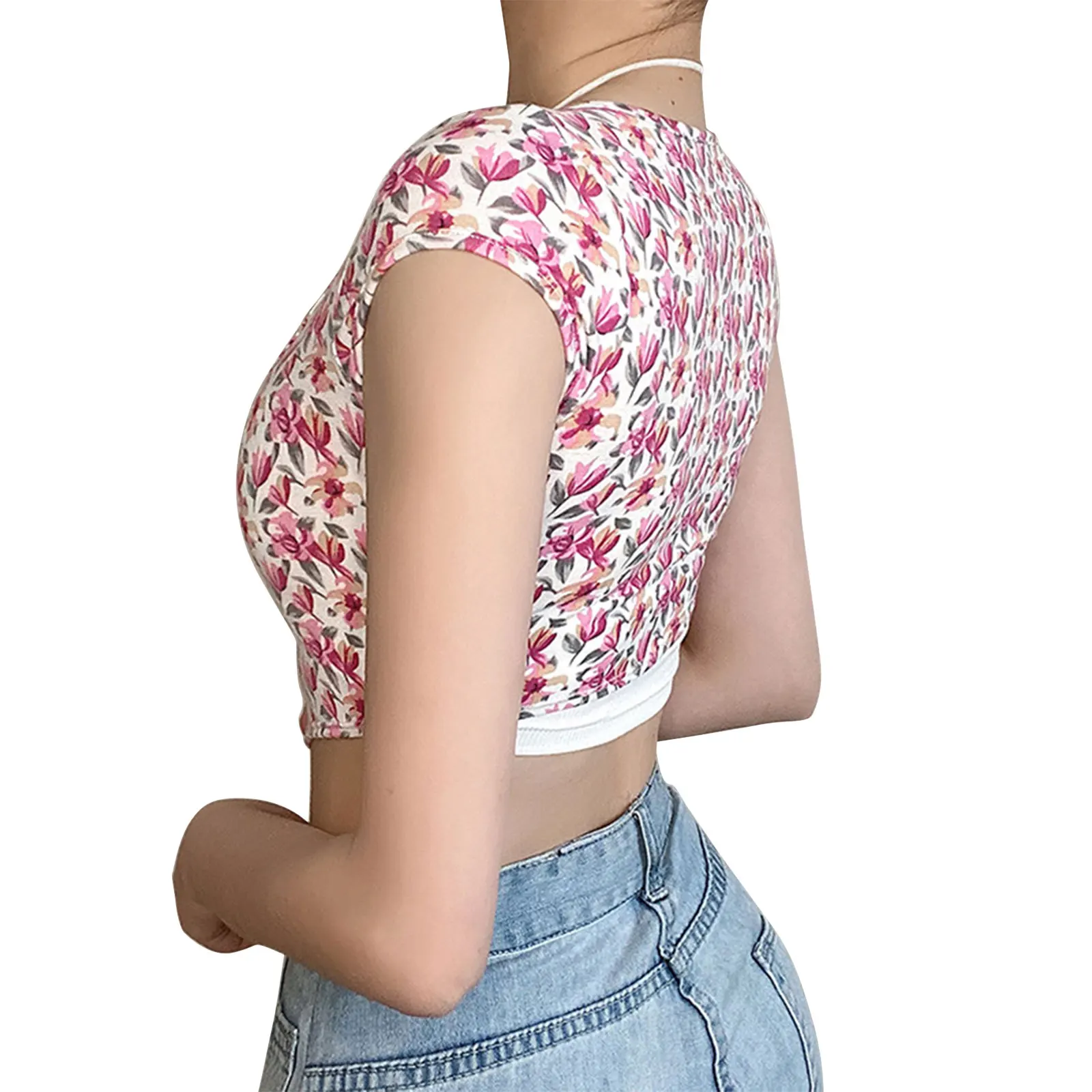 

2021 New Women Fashion 2-piece Outfit Set Floral Print Tops+Halter Solid Color Tops Set for Ladies