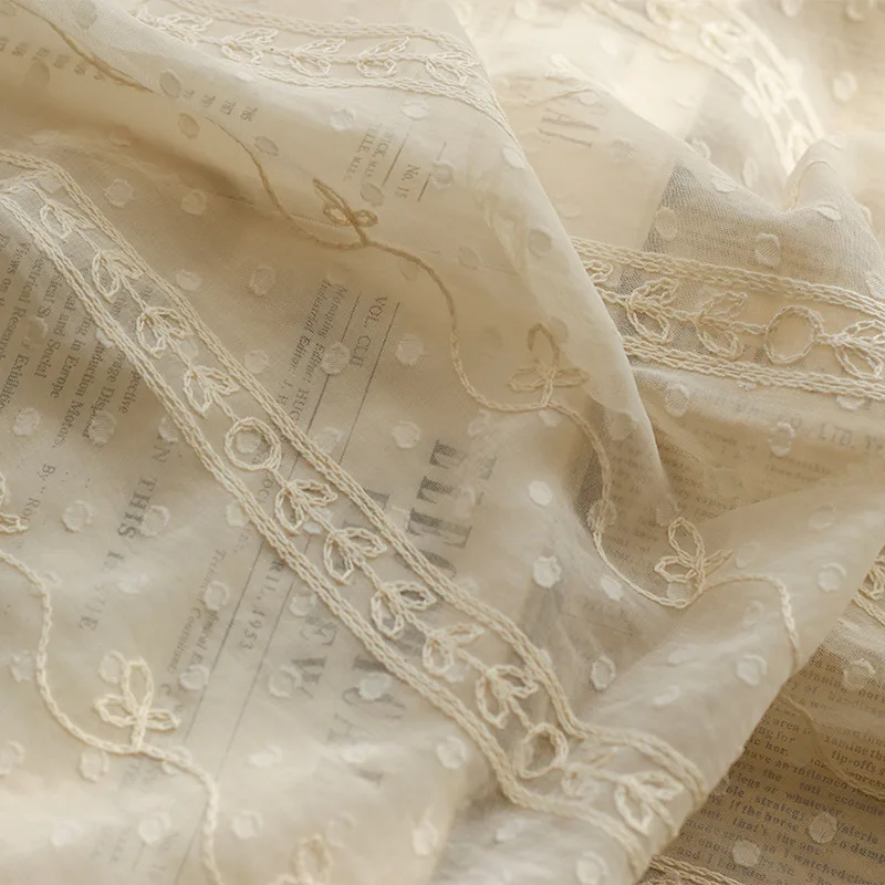 

New Beige Striped Chiffon Embroidered Fabric Women's Dress Shirt Fashion Fabric By The Meter