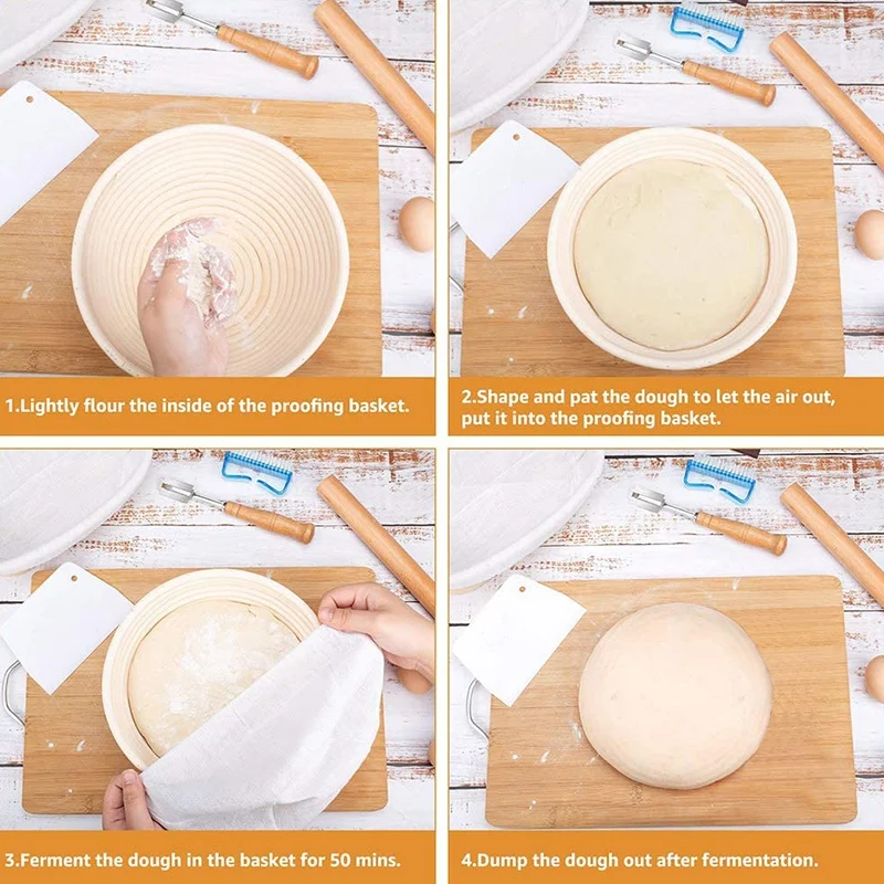 

Banneton Bread Proofing Basket-Sourdough Baking Bowl+Bread Lame 5 Blades+Dough Scraper+Linen Liner Cloth+Cleaning Brush