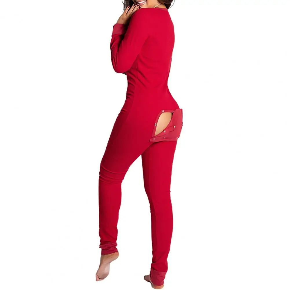 

Sexy Women One-piece Jumpsuit Slim-Fit Long Sleeve Long Leg Pants Pajama Bum Open Homewear Button Flap Bodysuit One-sies