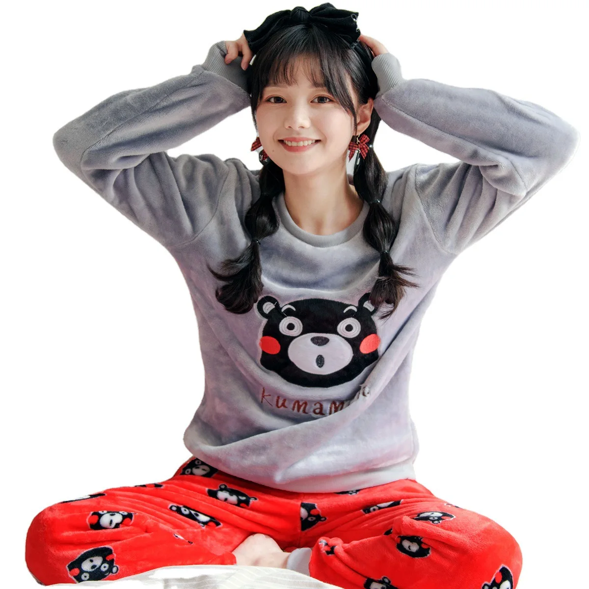 

Kumamon Cute Girls Warm Flannel Sleepwear 2021 Suits Loose Sweet Casual Pajamas Sets Homewear Brief Winter Autumn Nightwear