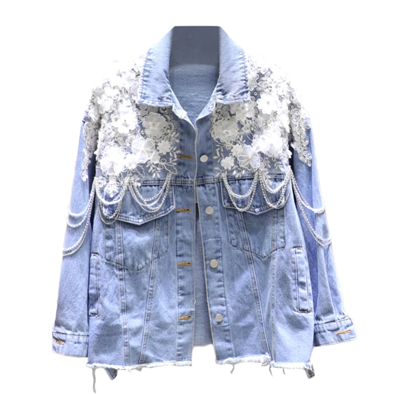

Light Blue Jeans Jacket for Women 2020 Spring Fall New Machine Embroidery Flower Beaded Crystal Raw Edge Chain Jeans Coat Female