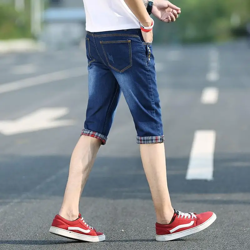 

Loose Jeans Men Hip Hop Elastic Slim Fit Denim Pants 2019 Spring Male Street Style Patchwork Knee Length Ripped Jeans Plus Size