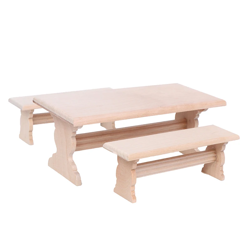 

1:12 Dollhouse Mini Wooden Long Dining Table and 2 Bench Set Furniture Parts Doll House Toys