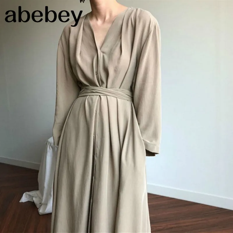 

New 2020 Women Autumn Winter Dresses Lace Up Casual Buttons Fashionable V-neck Vintage Oversize Long Dress DR1150
