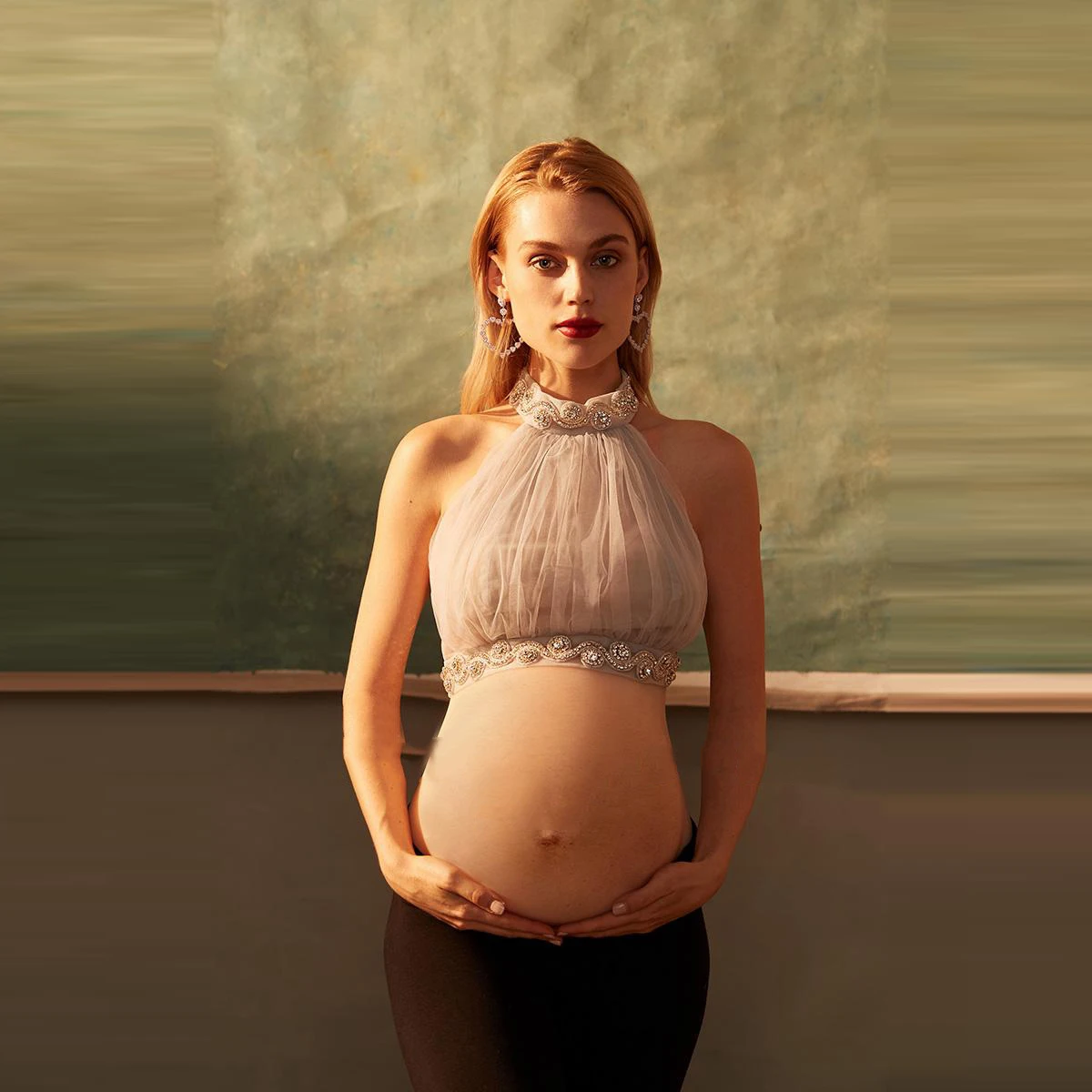 

New Arrival Crystals Tulle Maternity Tops For Photo Shoot Short Halter High Neck Custom Made Bridal Pregnancy Outfit