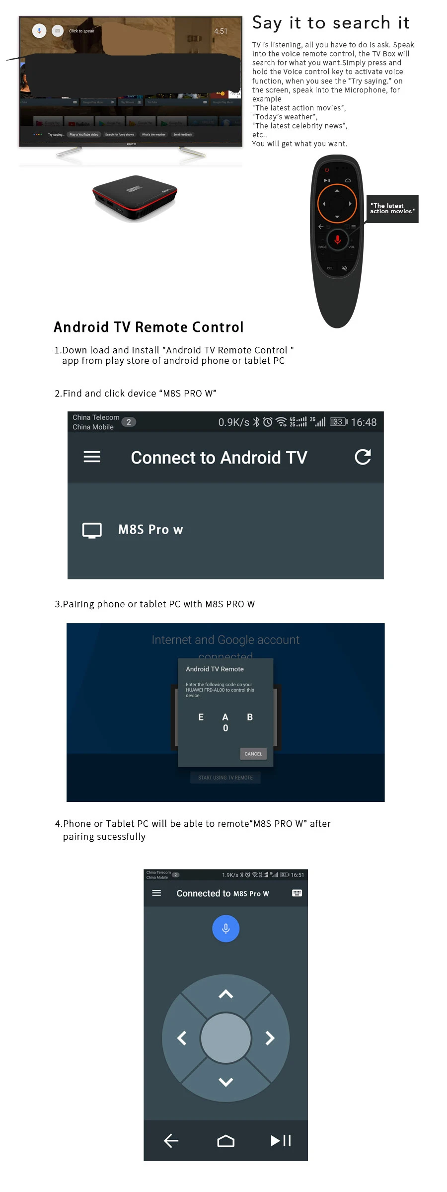 10 шт. Android tv OS Google Голосовое управление ТВ коробка Android 7,1 умная коробка Amlogic S905W Процессор четырехъядерный 4K 2GB 16GB Mecool M8S Pro W