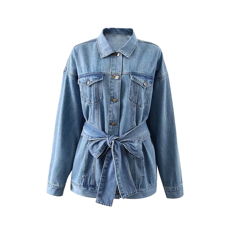 

European and American style waist tie loose thin long denim jacket
