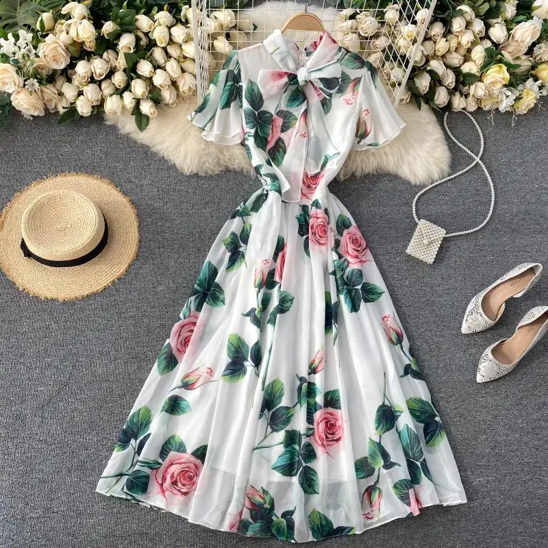 

A-Line Sexy 2021 Print Lace Summer Vintage Party Dresses Floral Boho Short Sleeve Elegant Dress Evening Bow Plus Size Club Robe