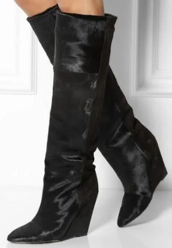 Fashion Patchwork Horse Hair Hidden Wedge Knee Boots Pointy Toe Slip On  Women knight Botas Mujer Black Horsehair Long Boots