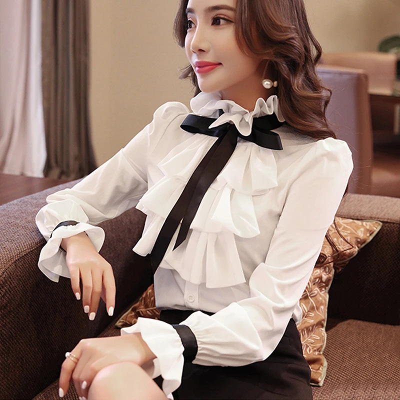 

Hot Sale Office Ladies Shirts Women Blouse Ruffles Collar Bows Lace Up Shirts OL Workwear Shirts Tops NS252