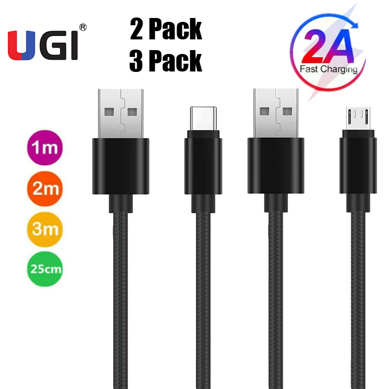 

UGI 2/3 Pack Fast Charging Cable Charger Type C USB C Cable Micro USB Android Cable For Samsung Huawei Xiaomi HTC RedMi OnePlus
