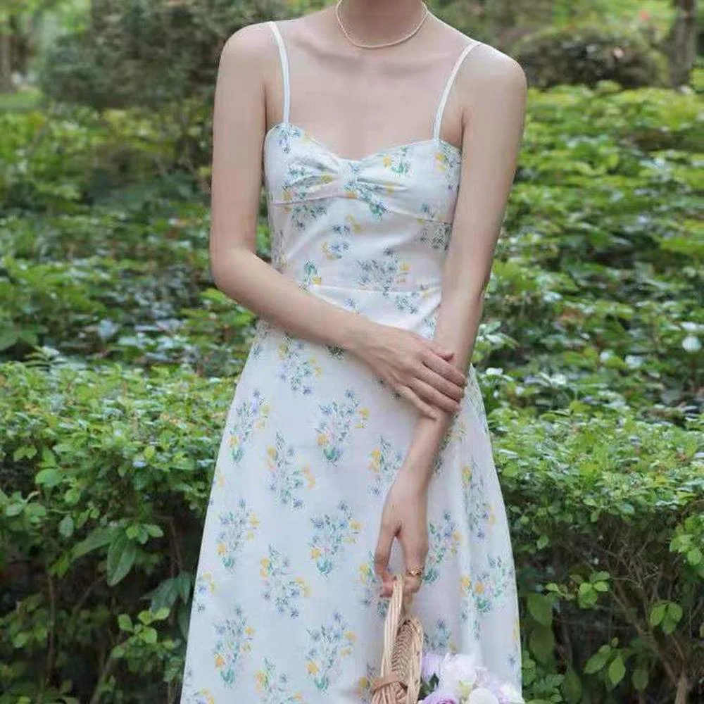 

V- Neck Sexy Floral Strap Dress Women Sleeveless Chiffon Elegant Vintage Dress Female Office Lady Dress Korean Style 2021 Summer