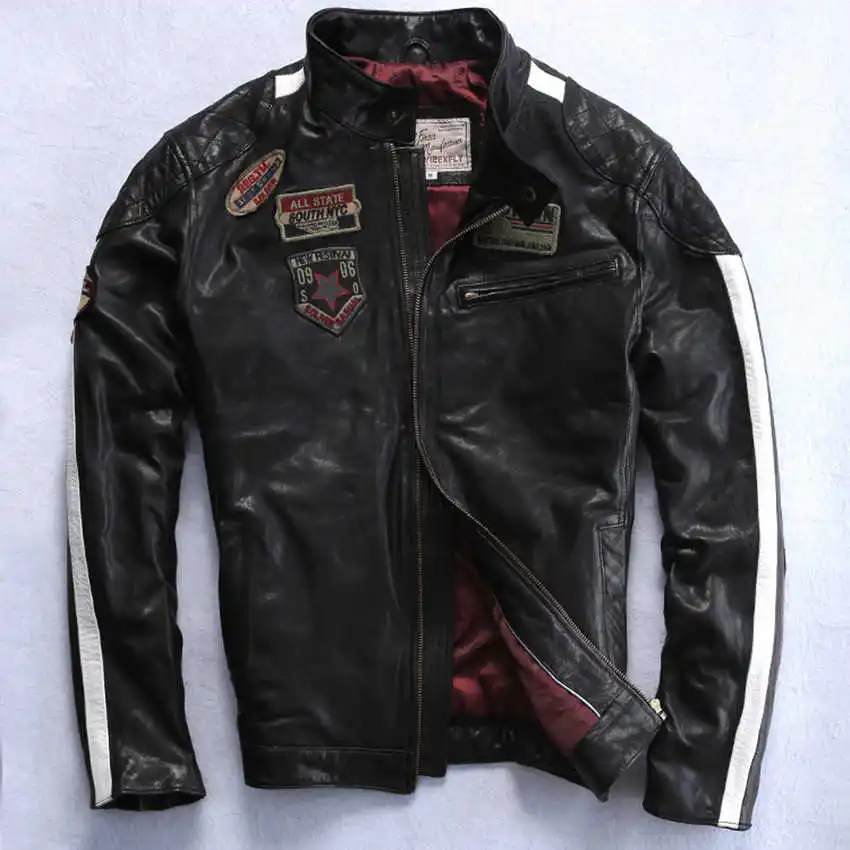 

2021 contrast color motorcycle jacket stand collar badges slim real leather jackets men spring tranned sheepskin coat