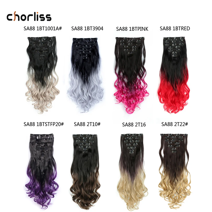 

Chorliss 16 Clips Hairpiece Body Wave Synthetic Hair 22inch Natural Curly Hair Extensions Ombre Color Hair For Women Black Brown