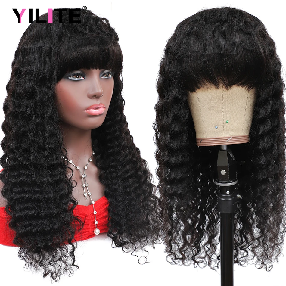 

Deep Curly Bralizian Human Hair Wigs With Bangs Deep Wave Remy Hair Full Machine Made Cheapest Fringe Wigs 8-30 Inches For Women