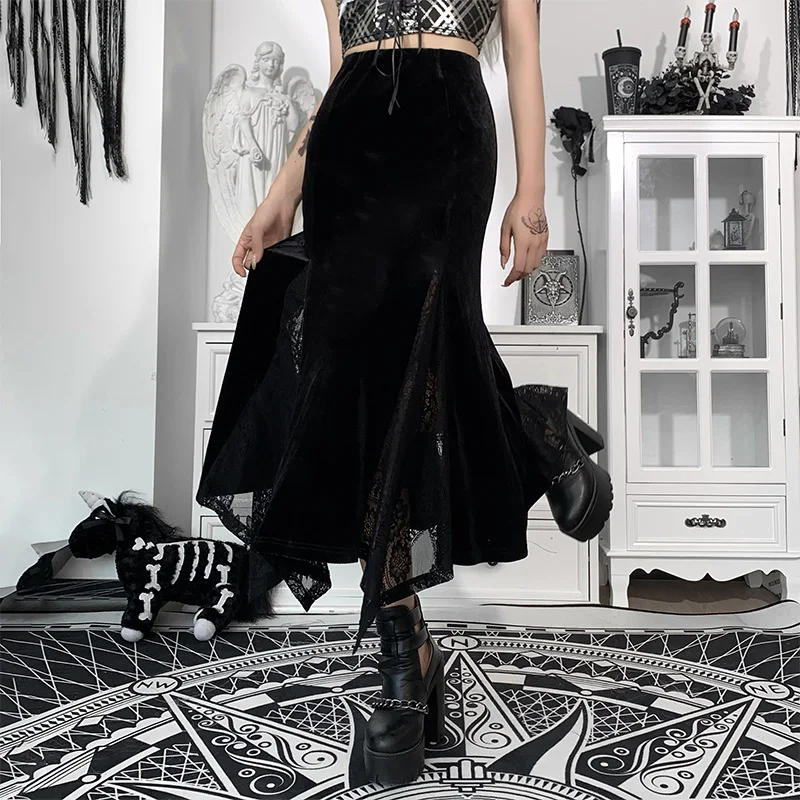 

Women Skirts High-waisted Irregular Mid-length Skirt Dark Velvet Gothic Autumn Lace Skirt Solid Color Skirts Womens Donsignet