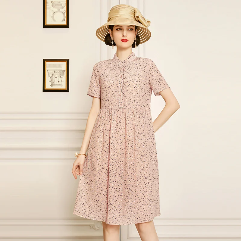 

SHZQ Silk Dress 2021 New Summer Pink Printed Stand Collar Short Sleeve Fashion Mulberry Silk Skirt