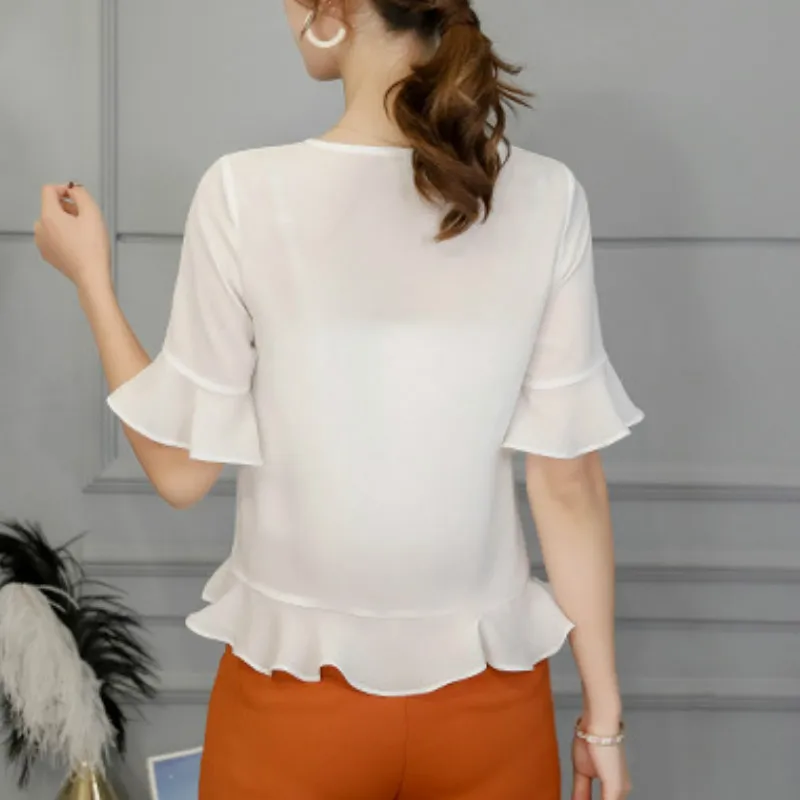 Korean Womens Chiffon Blouse Elegant Office Ruffles Short Sleeve Shirts Streetwear White Top Blusas Plus Size Summer Nice | Женская