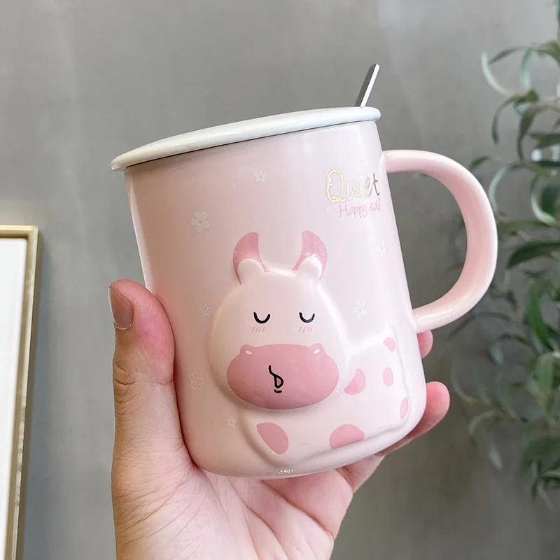 

420ML Cute Cartoon Embossed Ceramic Mugs Creative Animal Coffee Mug Modern Fashion Breakfast Milk Cups with Lid Spoon Handle