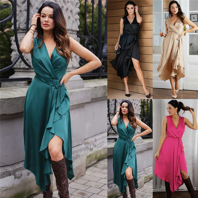 

Spring Summer Fashion Elegant Women Dresses Sexy Sleeveless V-Neck Ladies Female Artificial Silk Irregular Plus Size Dress